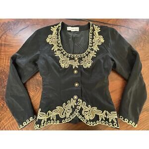 Vintage 80s Pia Rucci Black & Gold Embroidered Ramie Jacket Blazer Sz S